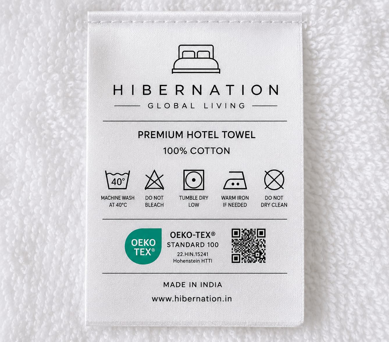 Premium hotel towel care label, OEKO-TEX certified