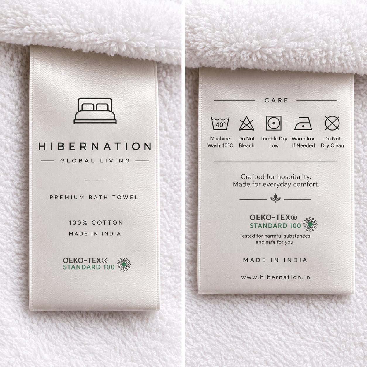 Premium bath towel hang tags on folded cotton towel
